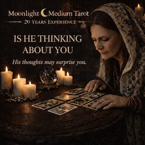 May include: An image of a woman with a headscarf, reading tarot cards on a dark wooden table. The scene is illuminated by several lit candles and a crystal ball. Text reads "Moonlight Medium Tarot" and "Is he thinking about you?"