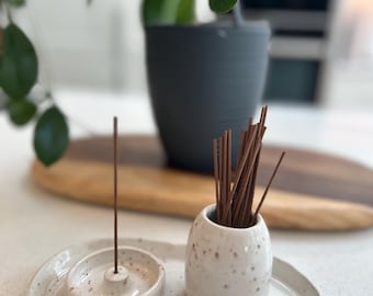Handmade Stoneware Incense Burner Set | Minimalist Tray, Holder & Storage Cup