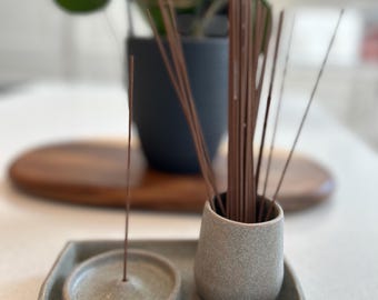 Handmade Stoneware Incense Burner Set | Minimalist Tray, Holder & Storage Cup