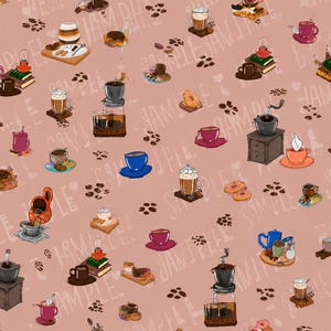 Op de afbeelding: Een herhalend patroon op een oudroze achtergrond met diverse illustraties in koffiethema, waaronder espressomachines, koffiemolens, koffiemokken, lattes, donuts en verspreide donkerbruine geroosterde koffiebonen door het hele beeld.
