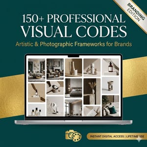 May include: A laptop displays a grid of interior design and product photography examples. The screen shows the text "150+ PROFESSIONAL VISUAL CODES" and "Artistic & Photographic Frameworks for Brands". The laptop is on a dark green background with gold accents. The bottom right corner has the text "INSTANT DIGITAL ACCESS | LIFETIME USE".