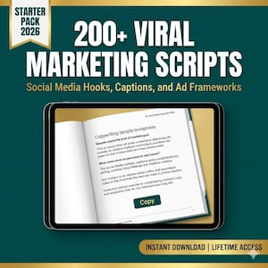 May include: A digital tablet displays a book with the title "Copywriting tample monprtiem" and the text "200+ VIRAL MARKETING SCRIPTS". The image includes the text "Social Media Hooks, Captions, and Ad Frameworks" and "INSTANT DOWNLOAD | LIFETIME ACCESS".
