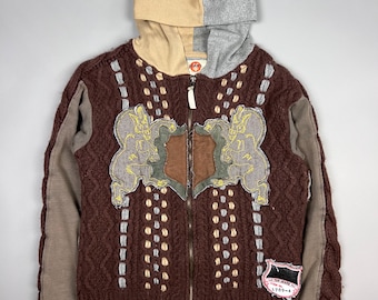 Vintage Michiko Koshino Jeans 4 Wool Knit Zip Hoodie Jacket Patchwork Brown Y2K