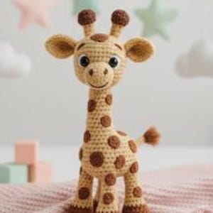 May include: A handmade crochet giraffe toy with a long neck, brown spots, and small horns. The giraffe is tan with brown accents and has large, expressive eyes. It is sitting on a pink blanket, with pastel stars and clouds in the background.