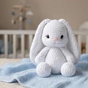 May include: A white crocheted bunny toy with long, floppy ears, small black eyes, and a pink nose. The plush toy is sitting on a light blue knitted blanket. The background includes a cot and a mobile.