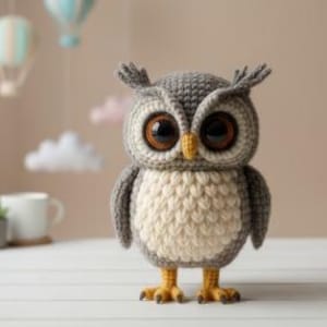 May include: A handmade crochet owl with large, expressive eyes. The owl is primarily gray with a cream-colored chest and yellow feet. Decorative hot air balloons and clouds hang in the background, suggesting a nursery or children's room theme.