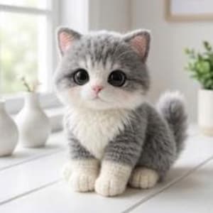 Op de afbeelding: Een zacht speelgoedkatje in grijs en wit, met grote, donkere ogen en een roze neus. Het katje zit op een wit oppervlak, met witte poten en borst. De kat heeft grijze strepen en een pluizige staart. Een raam en kleine witte vazen zijn op de achtergrond.