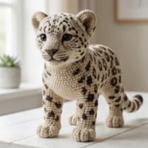 May include: A crocheted leopard cub figurine with a cream-colored body and brown spots. The handmade animal stands on a white surface near a window. The cub has detailed facial features and a small tail.