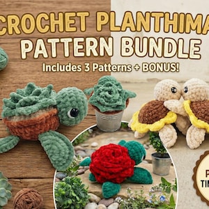 Op de afbeelding: Een haakpatroonbundel met plant- en diermotieven. De afbeelding toont voltooide haakprojecten, waaronder een schildpad, een vetplant en twee schildpadvormige figuren. De tekst luidt "CROCHET PLANTHIMAL PATTERN BUNDLE" en "Includes 3 Patterns + BONUS!"