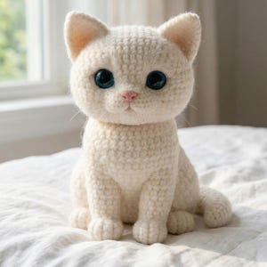 Peut inclure: Un chat en crochet blanc cassé fait à la main, avec de grands yeux bleus et un nez rose. Le chat est assis droit sur une surface blanche, mettant en valeur son savoir-faire détaillé et sa texture douce. Les oreilles du chat sont dressées.