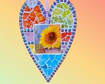 Handmade Colorful Broken Pottery Mosaic Cottage Heart Wall Hanging, Sunflower Art, Cottagecore Summer Decor