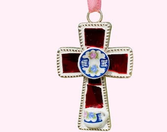 Handmade Burgundy Glass  Cross Ornament Pendant – Miniature Plate Mosaic Christian Gift for Her