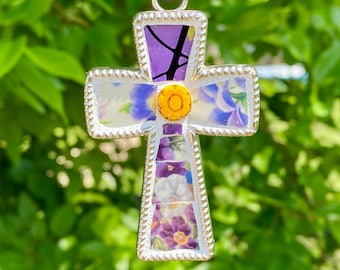 Purple Broken China Cross Ornament – Handmade Floral Mosaic Pendant