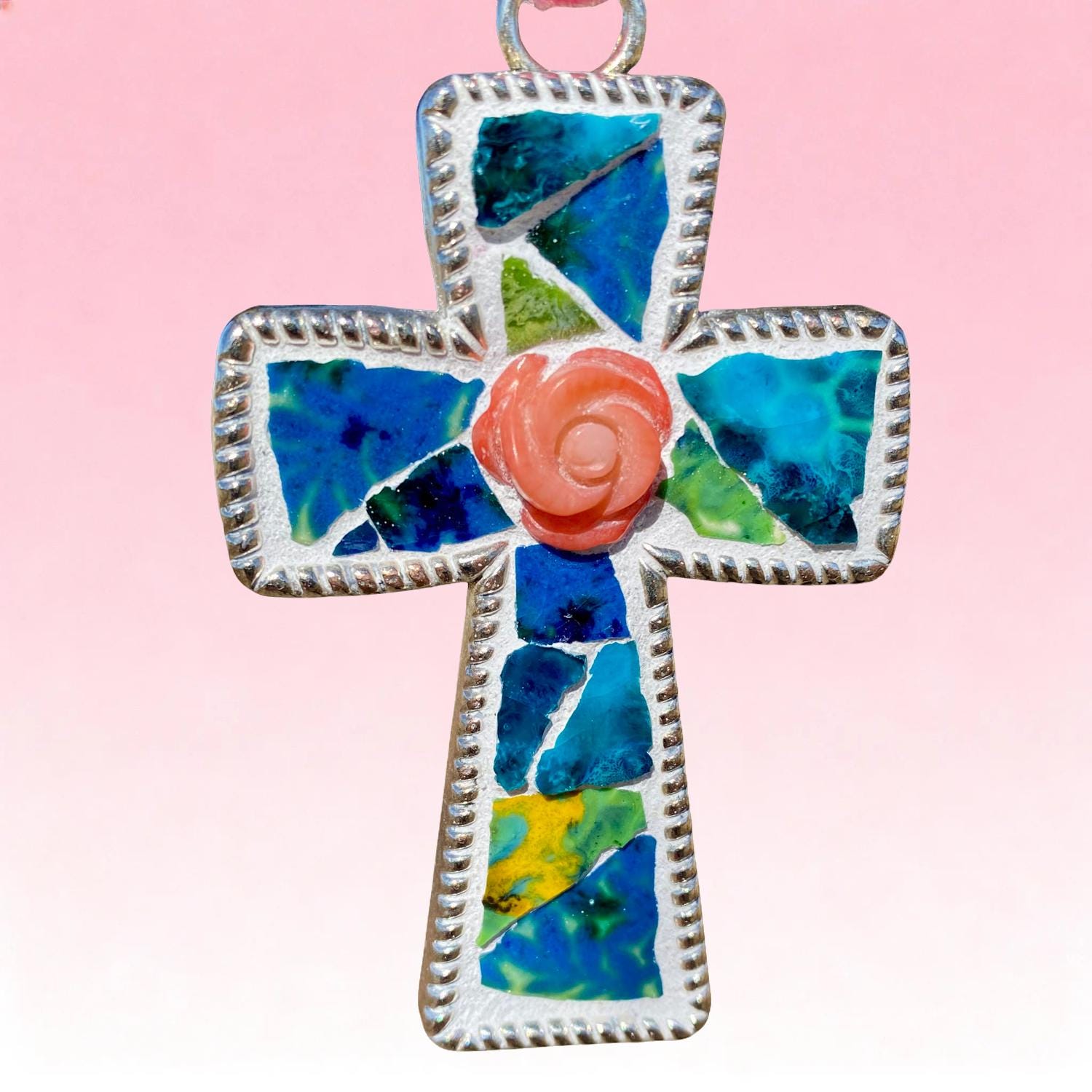 Unique Broken Pottery Cross Ornament Pendant with Coral Rose-Christian Gift for Her