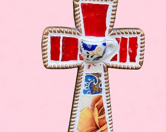 Handmade  Vintage Broken China Cross Ornament Pendant, with Porcelain Miniature Teacup- Religious Gift