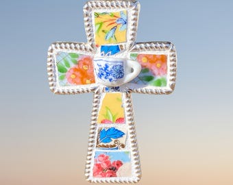 Handmade  Vintage Broken China Cross Ornament Pendant, with Porcelain Miniature Teacup- Religious Gift