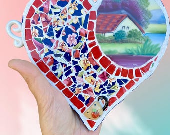 Unique Handcrafted Multicolor Floral Broken Ceramic Boho Cottage Mosaic Heart - Lake House Decor