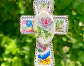 Handcrafted  Floral Unique Vintage Broken China Cross Ornament Pendant Porcelain Rose Center