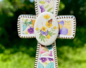 Handgefertigte Blumen Einzigartige Vintage Gebrochene China Kreuz Ornament Anhänger Porzellan Schmetterlinge Mitte