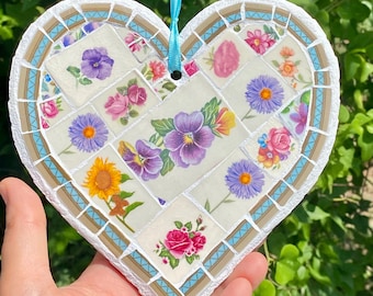 Handmade Multicolor Floral Broken China Boho Cottage Mosaic Heart - Unique Home Decor