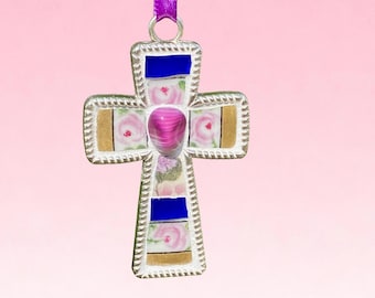 Handmade  Broken China Cross Ornament Pendant with Pink Stone Christian Gift