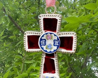 Handmade Burgundy Glass  Cross Ornament Pendant – Miniature Plate Mosaic Christian Gift for Her