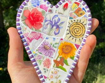Gebrochenes China-Mosaik-Herz | Vintage Blumen Assiette | Garten Wandbild