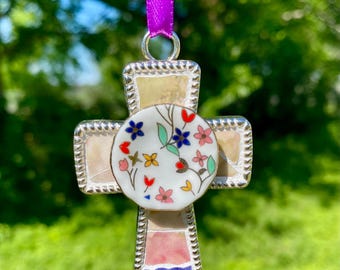 Handmade  Multicolor Vintage Broken China Ornament Pendant with Floral Porcelain Miniature Plate-Christian Gift