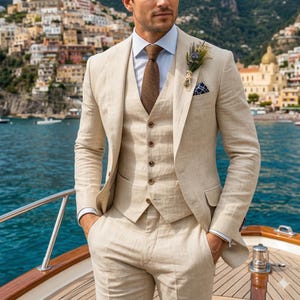 Men’s Linen Suit – Elegant Slim Fit Wedding Suit for Groom or Groomsmen, Lightweight Summer Formal Suit for Beach Wedding
