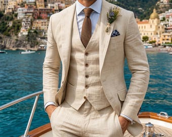 Abito da uomo in lino – Elegante abito da sposa slim fit per sposo o testimoni, abito formale estivo leggero per matrimonio in spiaggia