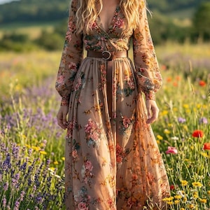 Vestido longo floral transparente feminino, vestido boho de manga comprida, vestido romântico estilo cottagecore, vestido fluido de inspiração vintage, look elegante para o outono.