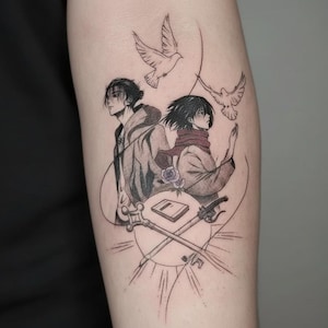 May include: Black and white tattoo design featuring two anime characters, doves, a book, a sword, and a staff. The characters are detailed, with shading and linework. A rose is also included in the design.