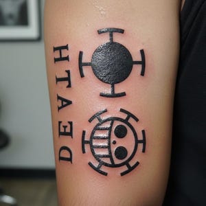 May include: A black tattoo on an arm, displaying two symbols. The upper symbol is a black circle with four cross-shaped extensions. Beneath, a second symbol features a half-circle design with three dots and a line pattern. The word "DEATH" is tattooed vertically.