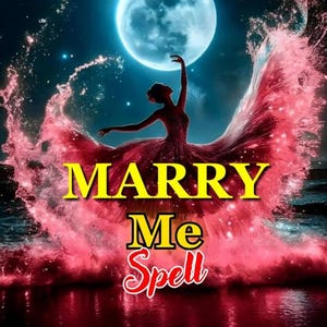 Könnte beinhalten: Digitales Kunstbild mit einer Frau in einem fließenden roten Kleid, die Arme erhoben, mit den Worten "MARRY Me Spell" in Gelb und Rot. Ein großer Mond und Wassereffekte erzeugen eine Fantasieszene.
