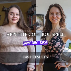 May include: A split image showing a woman before and after. The left side shows a woman in a beige sweater with the text "APPETITE CONTROL SPELL". The right side shows the same woman in a floral top. Text reads "SAMEDAY CAST" and "FAST RESULTS".