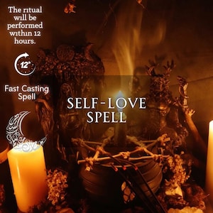 Peut inclure: Une image d'un rituel de sort d'amour-propre avec des bougies, un chaudron et des statues. Le texte indique "SELF-LOVE SPELL" et "Fast Casting Spell." Le texte supplémentaire précise que le rituel sera effectué dans les 12 heures.