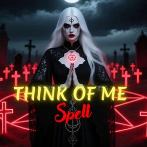 May include: Digital art of a woman with white hair, red eyes, and dark makeup, wearing a black dress and holding her hands in prayer. The text "THINK OF ME Spell" is in yellow and red neon. A graveyard is in the background.