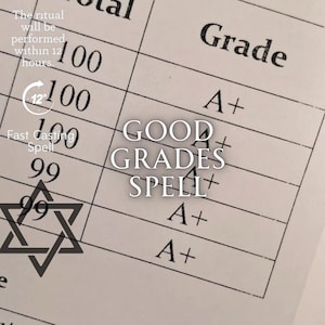 Puede incluir: Primer plano de un boletín escolar con el texto "GOOD GRADES SPELL" en el centro. El informe muestra altas calificaciones y notas A+. El texto adicional incluye "El ritual se realizará en 12 horas."