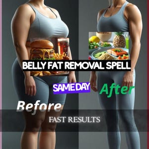 May include: An image comparing two figures, one labeled "Before" and the other "After." The "Before" figure is holding a burger, fries, and a drink. The "After" figure is holding healthy food. Text reads "Belly Fat Removal Spell," "Same Day," and "Fast Results."
