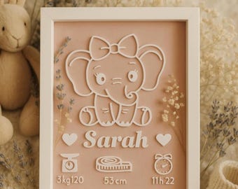Tabla de nacimiento personalizada con diseño de elefante: fecha de nacimiento del bebé, decoración para la habitación infantil, regalo de nacimiento único.