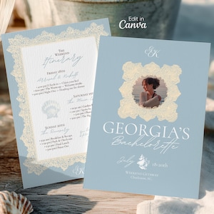 May include: Two light blue invitation cards with a lace design. One card has a photo of a woman in a lace frame. The other card has a list of events. The text on the card says "Georgia's Bachelorette" and "The Weekend Itinerary".