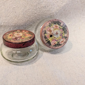 Pair of Vintage Goodman's Glass Jars, Floral Condiment Containers, Cottage Kitchen Decor