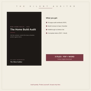 Puede incluir: Un producto digital titulado The Silent Auditor, con una cubierta negra y texto blanco que dice New Home Build USA, The Home Build Audit y An Audit Workbook. Incluye un libro de trabajo de auditoría de 35 páginas, una lista de control y 6 cartas.