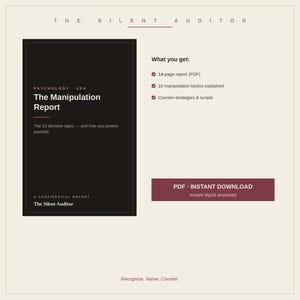 Könnte beinhalten: Ein digitales Produktangebot mit dem Titel The Silent Auditor, das ein schwarzes Cover für The Manipulation Report mit weißem Text zeigt. Die Seite listet Inhalte auf, darunter ein 14-seitiges PDF, 10 Manipulationstaktiken und Gegenstrategien, mit einem PDF-Sofort-Download-Button.