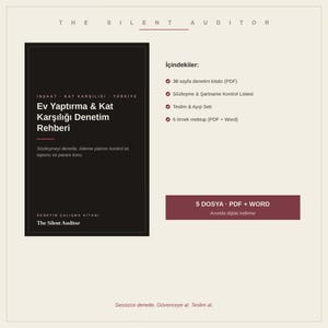 Może przedstawiać: Cyfrowy przewodnik zatytułowany The Silent Auditor, z czarną okładką i białym tekstem w języku tureckim dotyczącym audytu budowlanego. Układ zawiera spis treści, przycisk pobierania 5 plików PDF i Word oraz tekst w stopce.