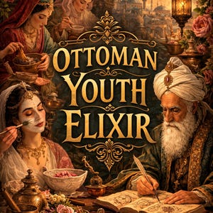 Pode incluir: Ilustração ornamentada com o texto "Ottoman Youth Elixir". A imagem mostra pessoas em trajes tradicionais preparando e usando tratamentos de beleza. A cena inclui tigelas, flores e um homem escrevendo em um livro, com uma cidade ao fundo.