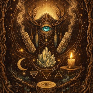 May include: A detailed illustration featuring a central eye with a blue iris, adorned with antlers and feathers, surrounded by a circular design. The artwork includes a crescent moon, crystals, a drum, and a lit candle, all in warm, earthy tones.