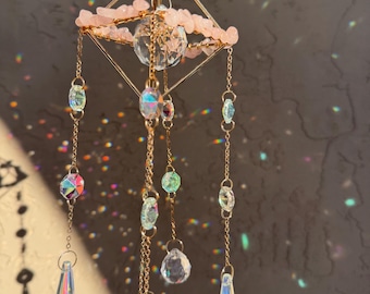 ローズクォーツクリスタルサンキャッチャー • レインボープリズムウィンドウデコレーション • ローズクォーツクリスタル