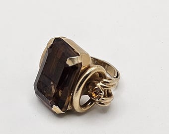 Huge Vintage Gold Tone and Smoky Quartz(?) Style Gemstone Cocktail Ring