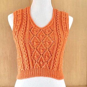 Hand Knit Cropped Vest: Autumn Orange Cable Knit, Size XS-S